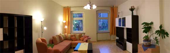 Zum Plaudern, Lesen, Fernsehen. Schlafcouch, Regale.